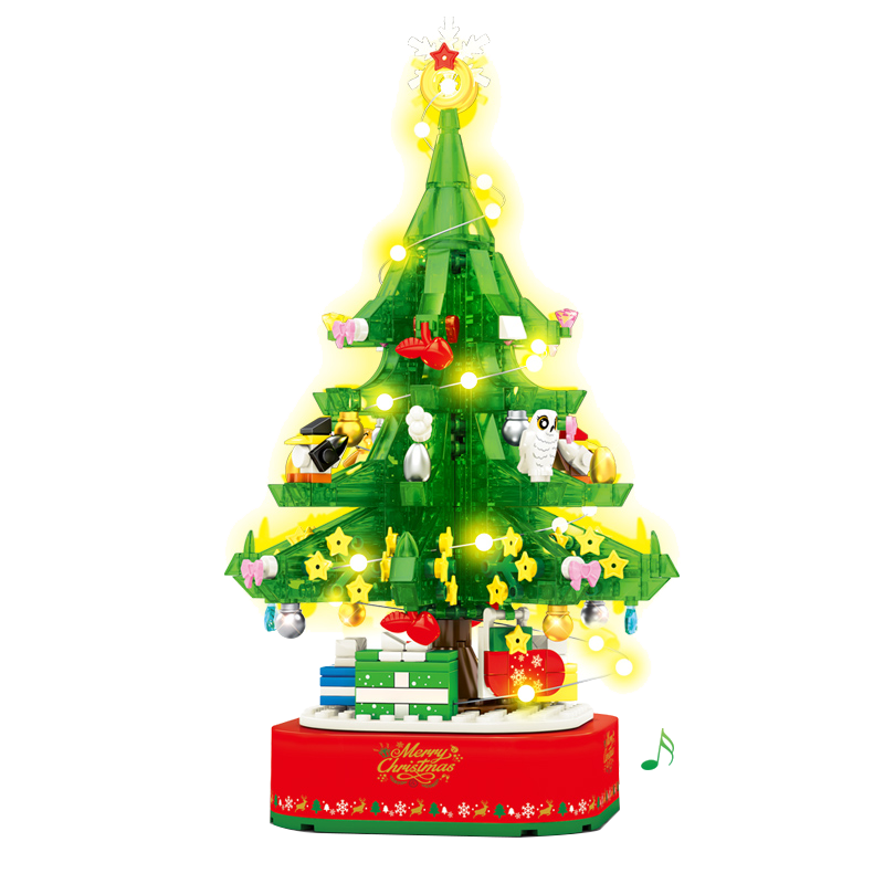 森宝积木圣诞树旋转灯光音乐盒儿童智力拼装玩具男女孩圣诞节礼物摆件6岁 灯光音乐圣诞树【486片】