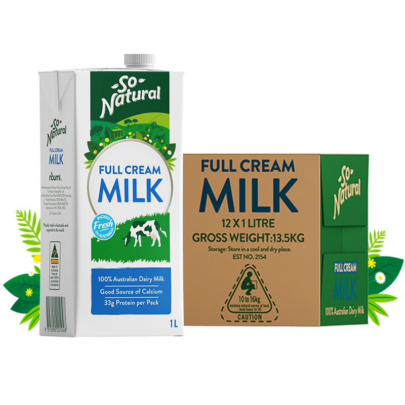 澳伯顿澳洲进口So Natural澳伯顿牛奶1L*12盒全脂整箱装牛奶 (12盒)*1