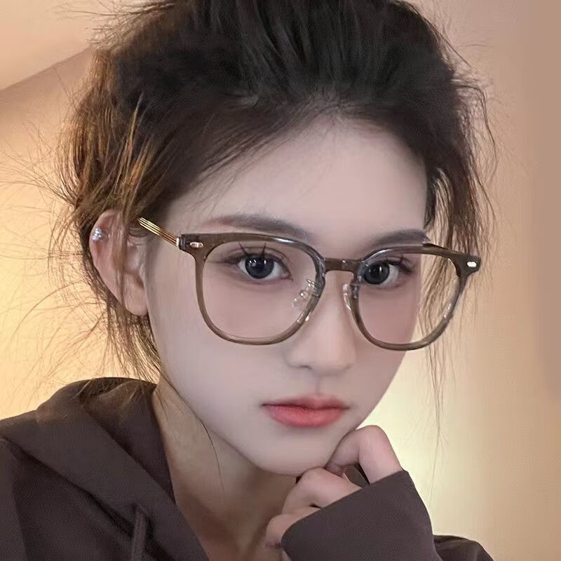 金格羽冷茶色眼镜女可配度数超轻素颜大框防蓝光眼睛框架方圆 冷茶色