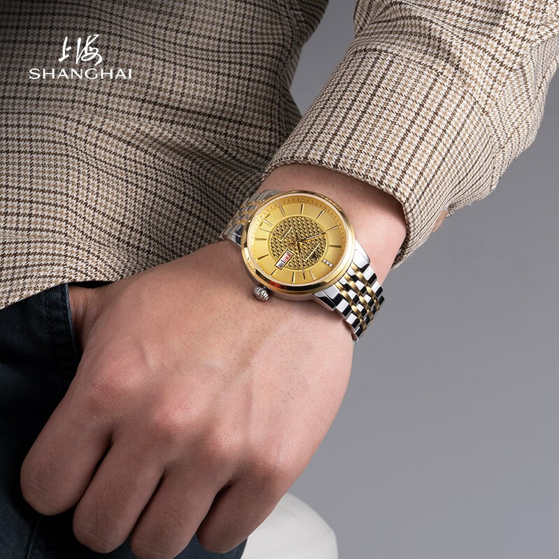 上海（SHANGHAI）男士手表男 24K黄金表 全自动机械男表 65周年限定送长辈父亲6008 全金钢带机械双历男表 【24K黄金/镶钻/带证书】