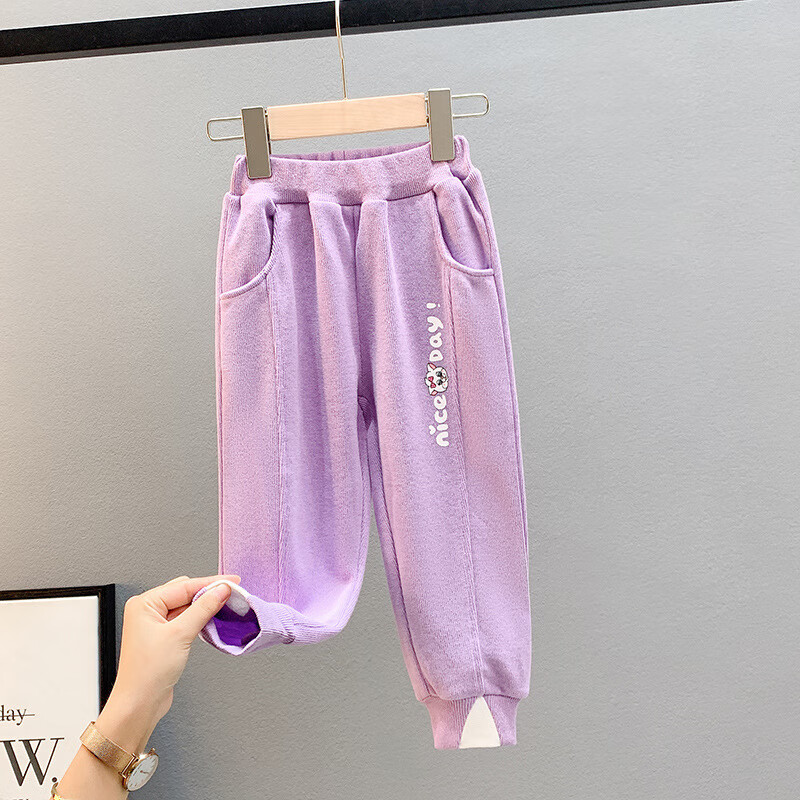 春秋外穿运动裤儿童可开裆休闲长裤女宝洋气棉质春秋长裤 紫色c028