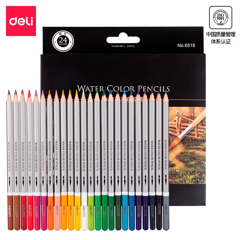 得力(deli)24色水溶性彩色铅笔 专业彩铅美术生绘画笔 手绘手账专用涂色填色彩笔套装（附毛笔）6518
