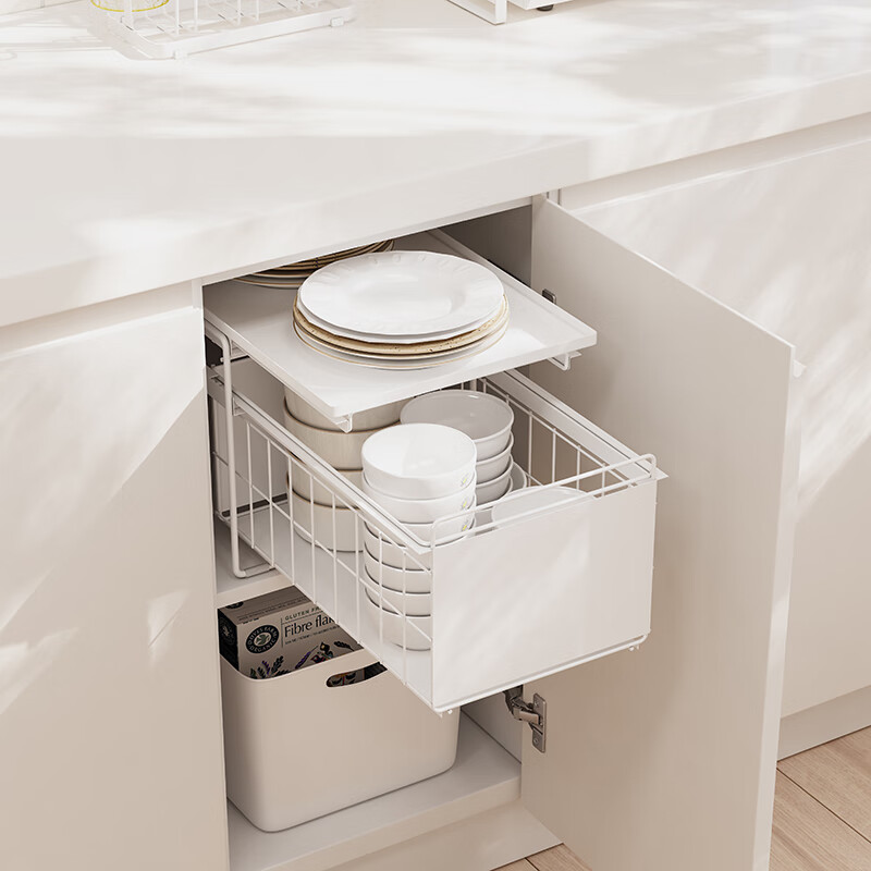 御仕家 厨房碗碟置物架家用抽拉式碗盘分隔收纳柜子抽屉餐具杯子架 白色单层-盖子可抽拉
