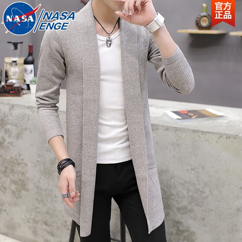 NASA ENGE春季中长款风衣男士青少年韩版针织外套薄款开衫披风潮 卡其色 M