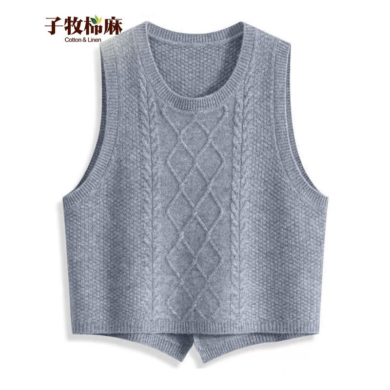 子牧棉麻秋装 女韩版百搭针织背心宽松显瘦无袖坎肩马甲3718 灰色 均码(建议95-130)