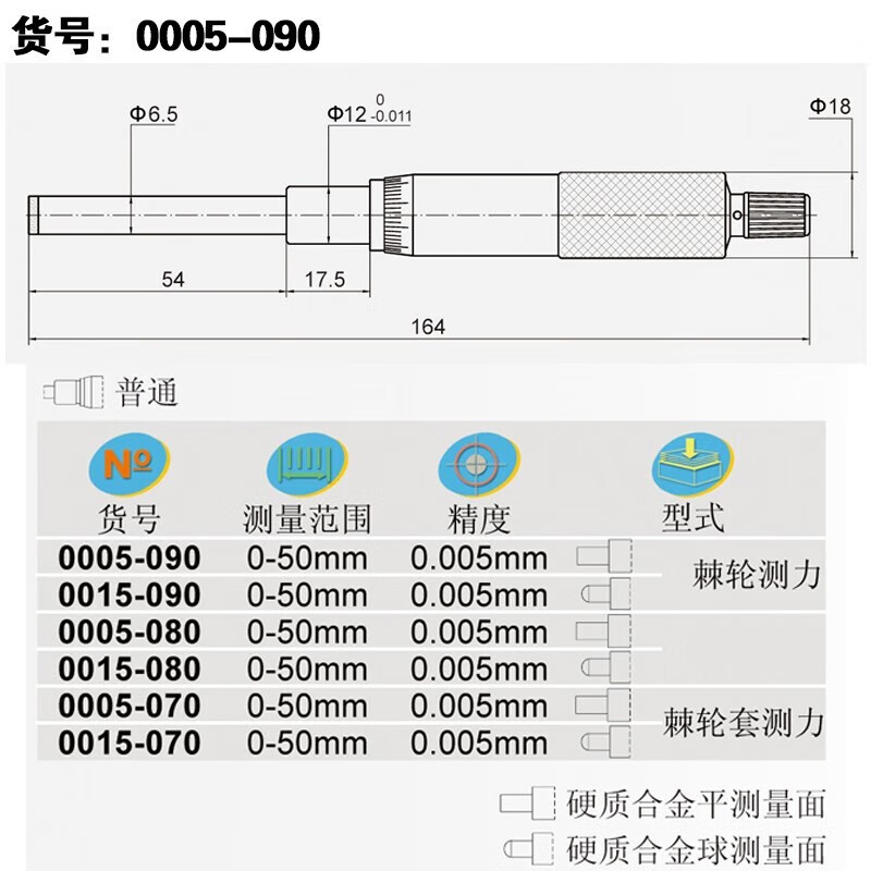 西北青量西北 微分头0-50mm 量具 测微头 硬质合金测量面 0005-090