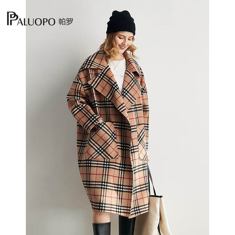 帕罗(PALUOPO)100%绵羊毛呢大衣双面外套格纹显瘦直筒阔版慵懒风女气质秋冬外搭 卡其 L 165/88A