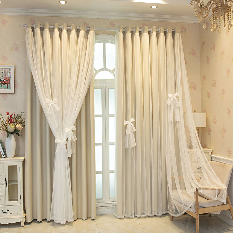 绍兴柯桥窗帘 网红ins新款奶油色全遮光窗帘卧室少女布纱一体 米色