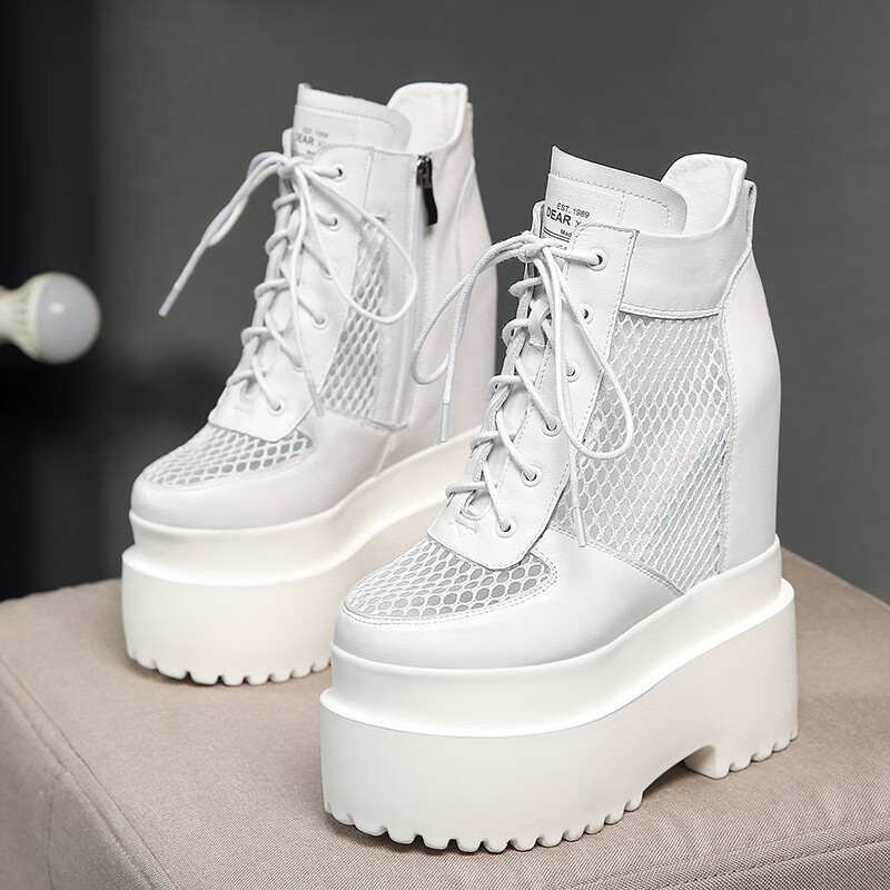 模特走秀内增高女鞋办公牛皮网纱透气厚底超高跟裙装松糕小码高帮网靴