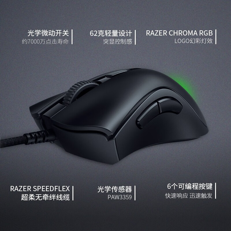 雷蛇（Razer）鼠标炼狱蝰蛇标准版有线电竞LOL游戏机械 黑色（中大手人体工学 雷云驱动 带侧键） 炼狱蝰蛇V2迷你版