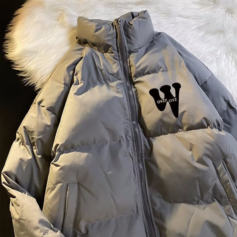 曼迪尚棉衣男冬季新款潮流ins拉链百搭慵懒宽松字母印花情侣款保暖面包棉服休闲学生加厚立领棉袄外套 灰色 M