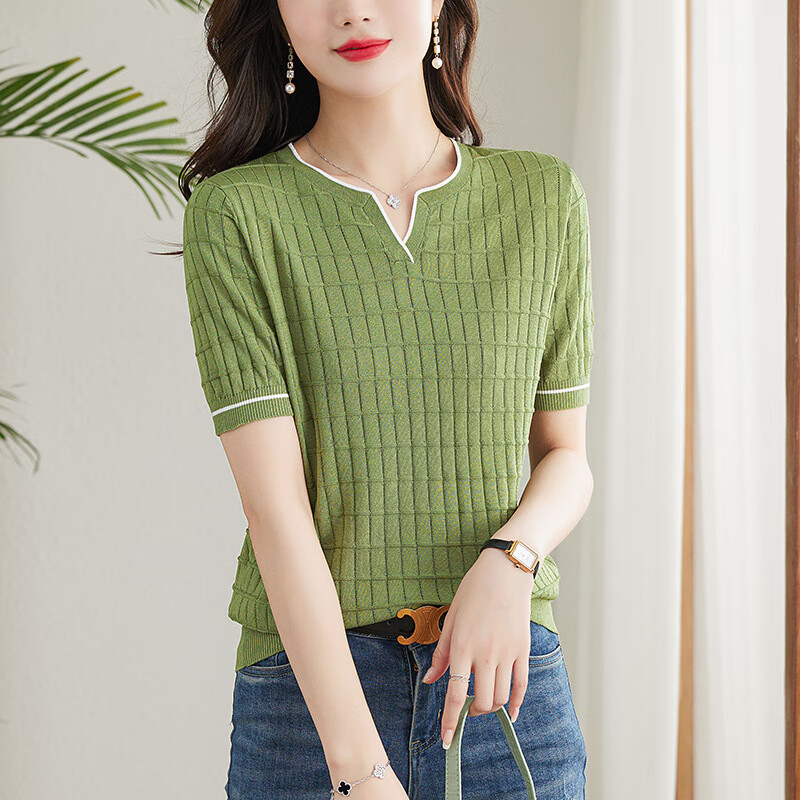 香影芬冰丝针织衫女士短袖t恤夏季薄款小个子上衣洋气夏装显瘦小衫 茶