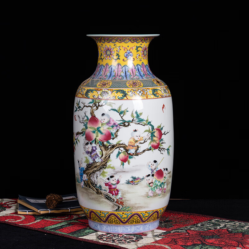 御梦赐轩景德镇粉彩手绘九子攀桃冬瓜瓶陶瓷摆件客厅落地花瓶插花玄关