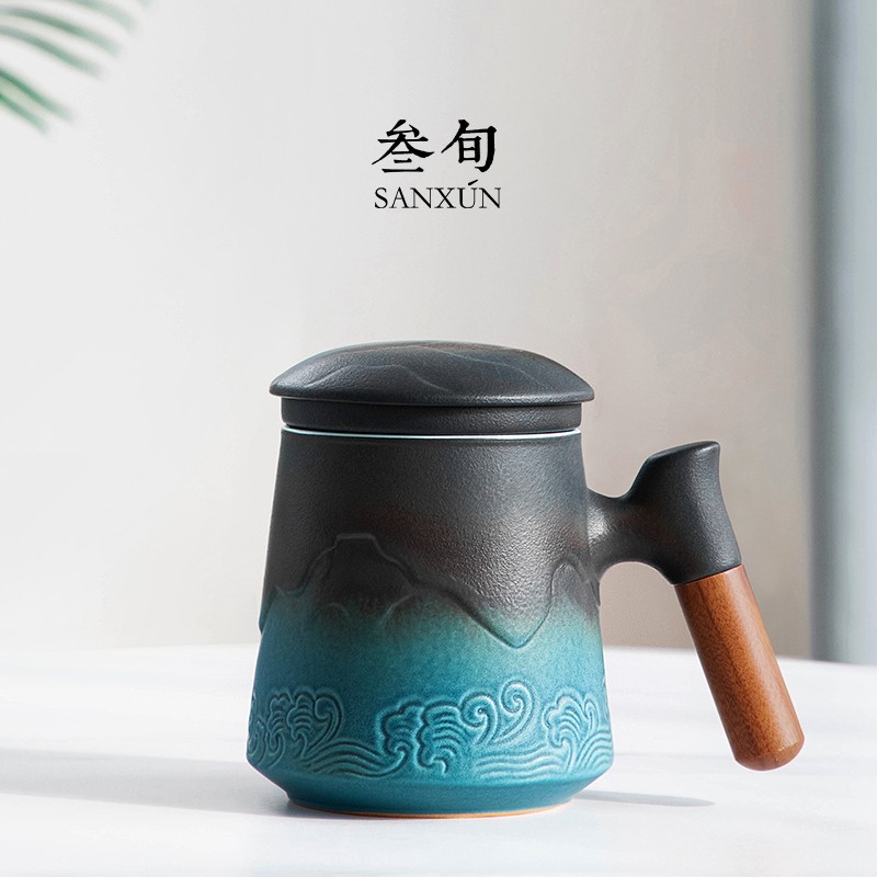 叁旬 山海观茶杯 陶瓷家用个人杯办公泡茶杯带盖带过滤创意水杯渐变釉