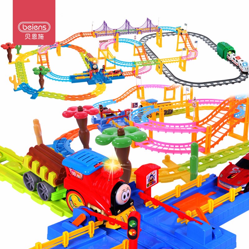 贝恩施儿童玩具男孩女孩玩具多层立交积木轨道电动火车3388组合装六一儿童节礼物