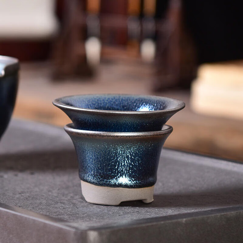 闽北建盏丨建阳原矿铁胎铁釉公道杯专用蓝麒麟陶瓷茶漏茶漏架两件套滤