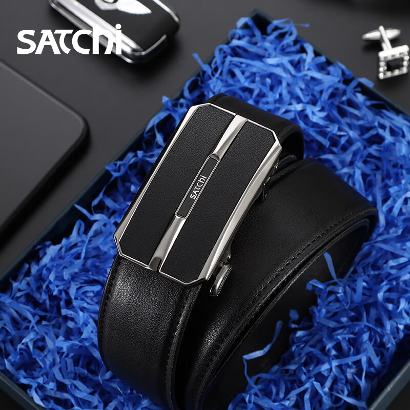 satchi沙驰皮带时尚简约男士裤带光面牛皮自动扣内穿腰带fu41514-42h