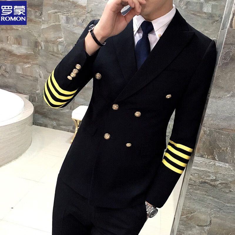 双排扣西服套装发型师青年男装空少服外套国潮 黑色 48m【单件西装】