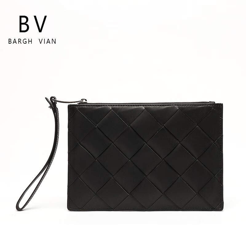 bargh vian bv新款经典手包胎牛皮编织手拿包长款信封包夹包 黑色