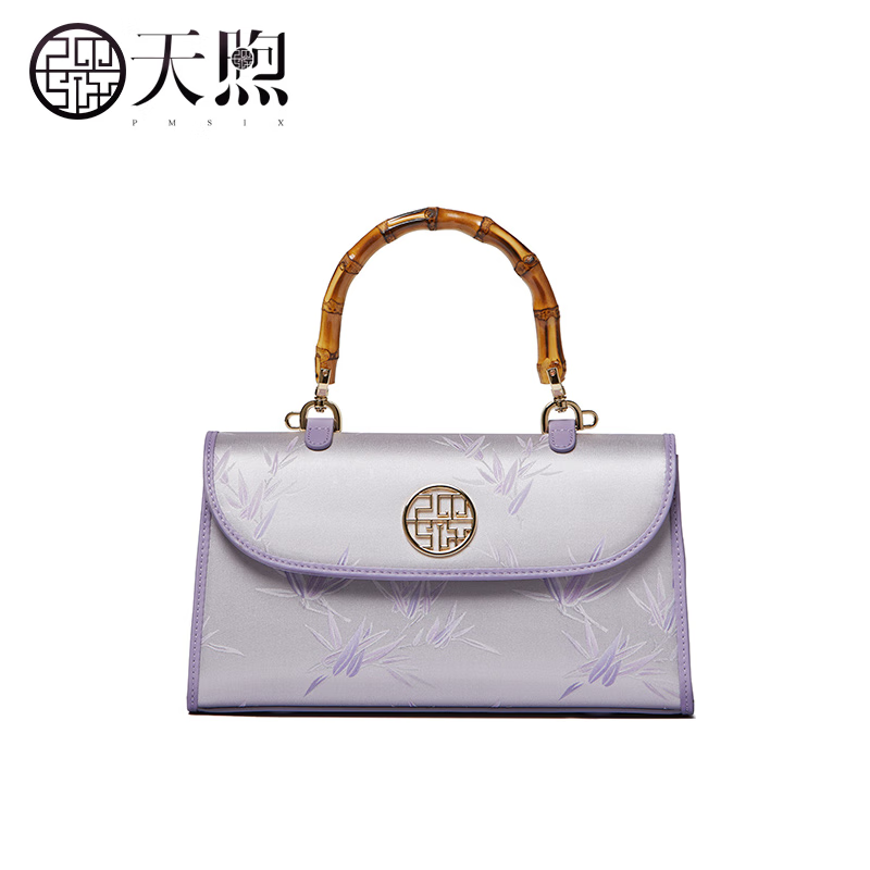 PmSix印花女包送生日礼物妈妈包中国风旗袍包复古竹节包布包大气手提包 浅紫色-桑蚕丝印花-送礼盒
