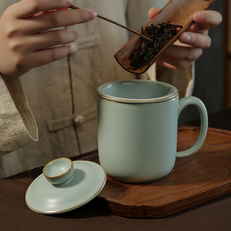 青澹汝窑办公茶杯茶水分离会议杯陶瓷杯茶杯景德镇纯手工无奇杯 无奇杯-350ml 天青色