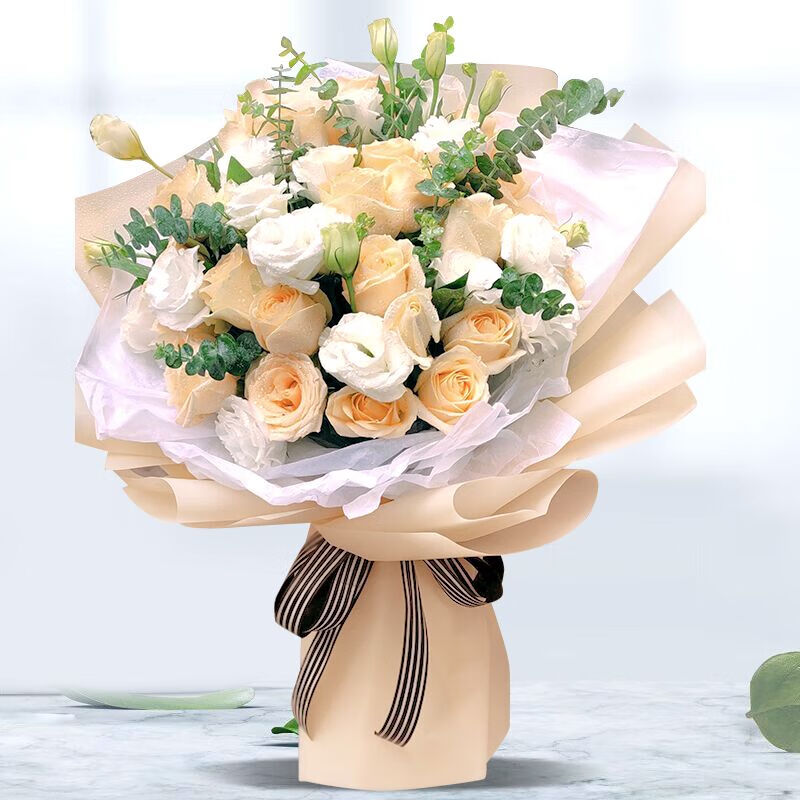 爱清清鲜花速递红粉香槟玫瑰花束礼盒送女友生日表白全国花店同城配送