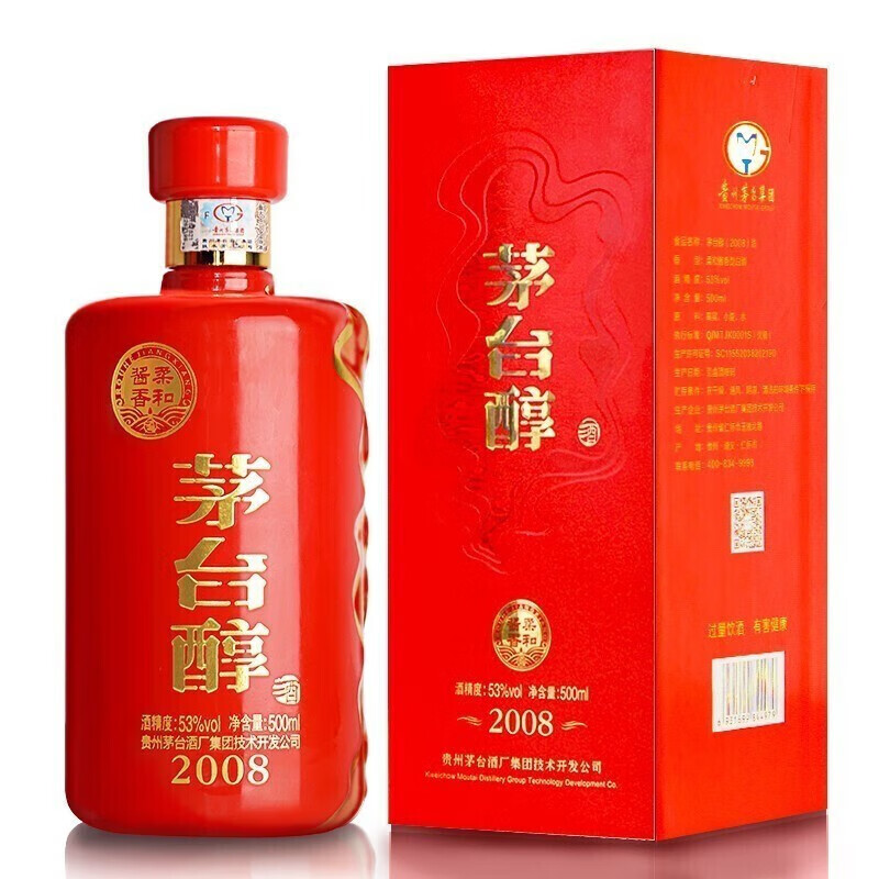 茅台醇2008柔和酱香型白酒53度高度婚宴喜事结婚用酒 500ml礼盒装