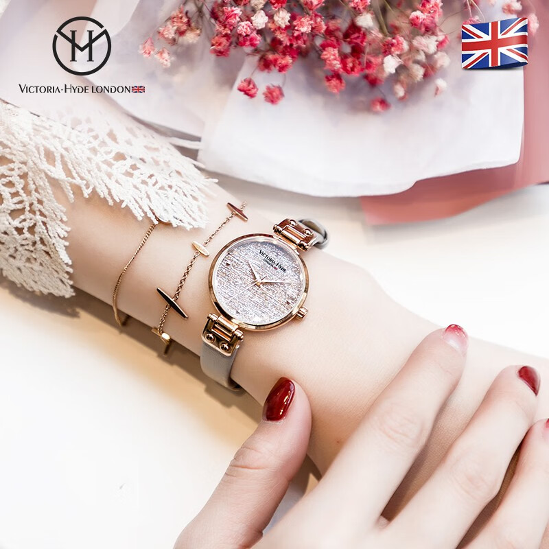 VICTORIA·HYDE火花手表女满天星学生轻奢潮流小众时尚ins礼物女表维多利亚海德 玫瑰金灰色皮带(含手链)