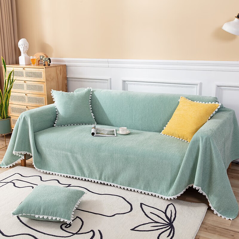 全包四季通用雪尼尔防滑沙发垫坐垫遮盖布靠背巾三人位浅绿180*300cm