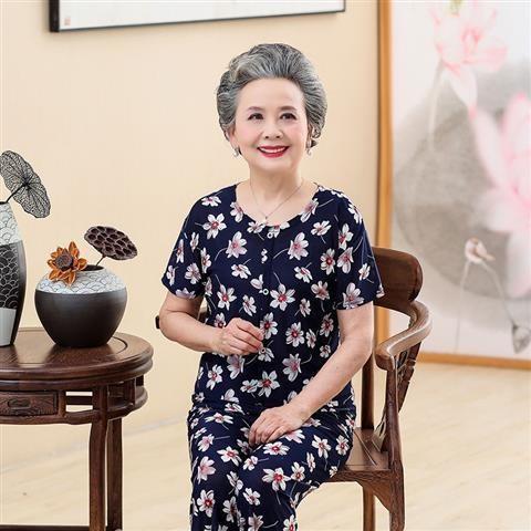 棉麻套装70岁老人衣服女奶奶装短袖t恤 花色一 3xl 建议115-130斤】