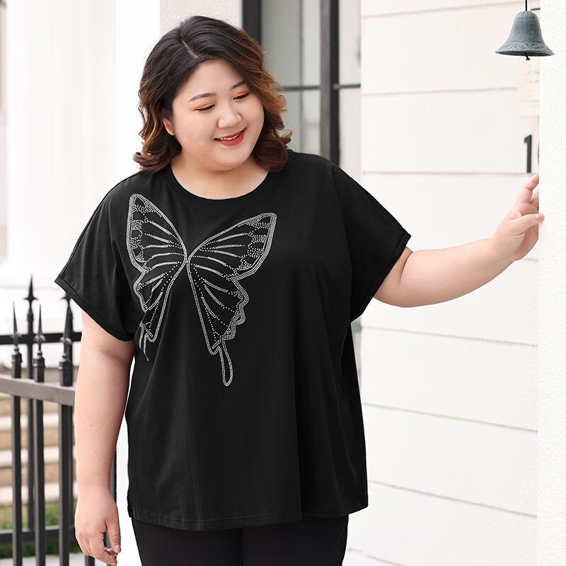 的加肥加大号连衣裙300斤大码女装胖mm夏季短袖t恤 蝴蝶短袖烫钻黑色