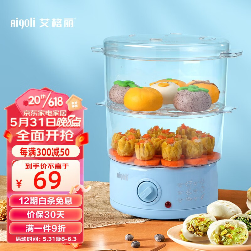 艾格丽（Aigoli） 电蒸锅家用煮蛋器定时两层可收纳蒸蛋煮蛋蒸早餐机小碗蒸4.8L 电蒸锅92214IV-4.8L