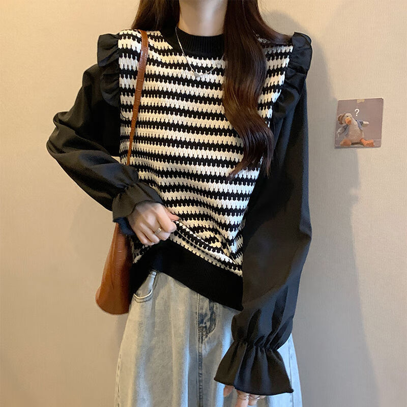 网禾年轻女士打底衫女可外穿时尚洋气大码女装韩版遮肚子假两件长袖打