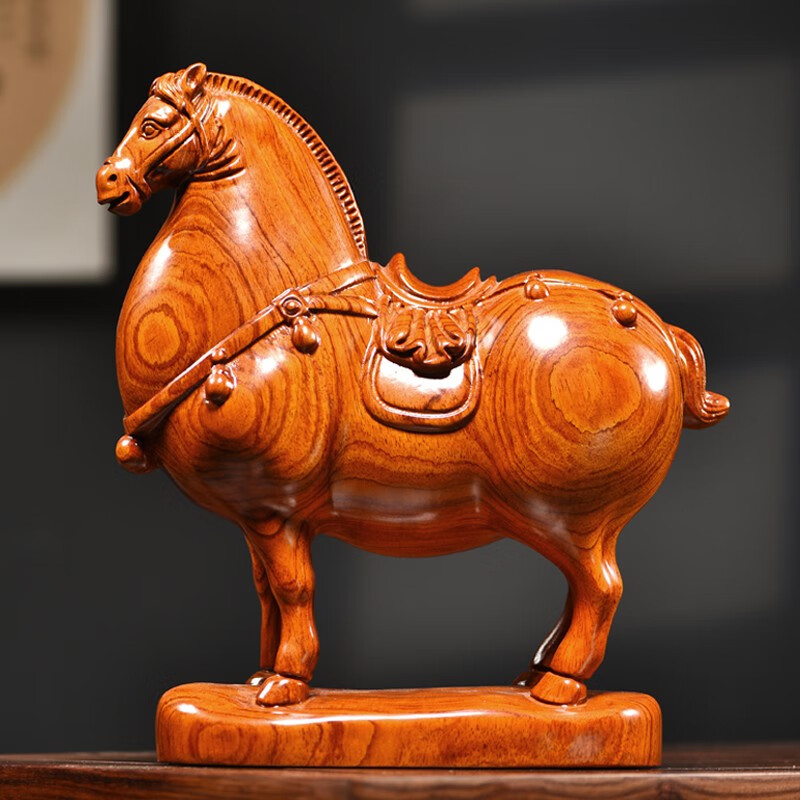 天从 花梨木雕马摆件客厅装饰品唐马木质生肖马到成功办公室玄关摆件