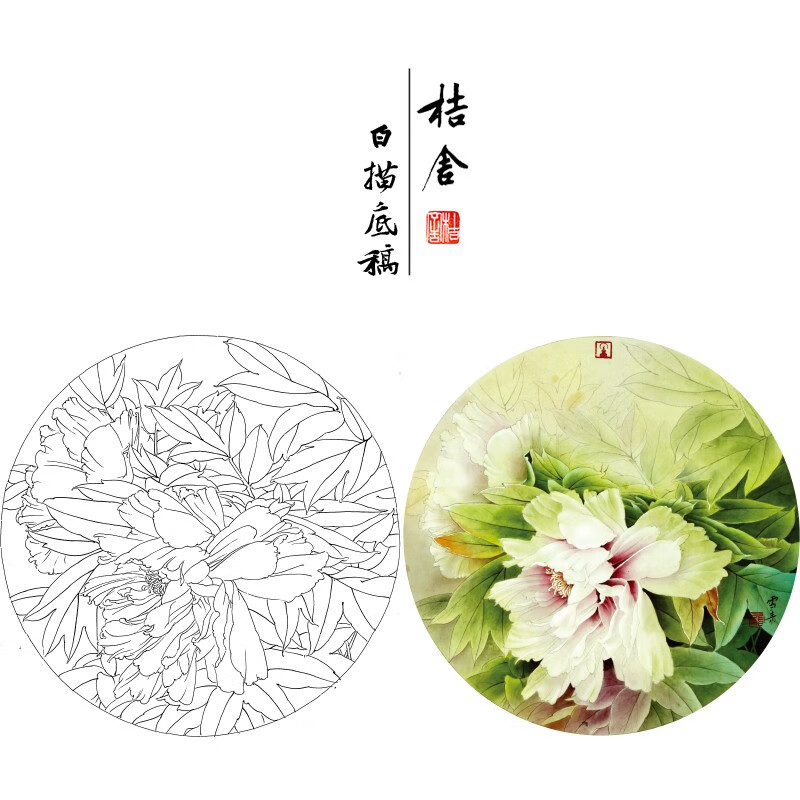 桔舍龚雪青工笔画白描底稿牡丹圆形小品原作大小40*40厘米花鸟线稿带