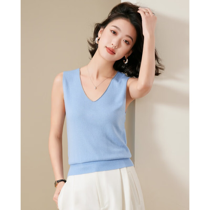 mms)秋装新款时髦韩系风领口水钻镶边v领打底内搭羊毛针织女式背心女
