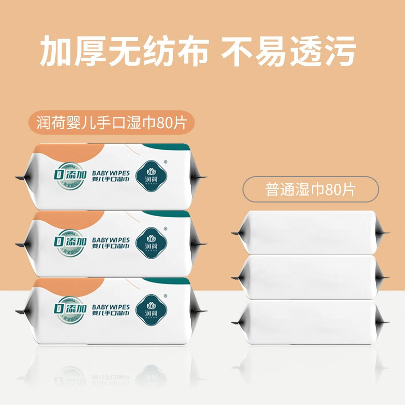 润荷 纯水婴儿新生儿手口屁清洁湿巾 宝宝PP卫生便携纸巾迷你清洁湿巾 0添加手口湿巾【80片*5包】