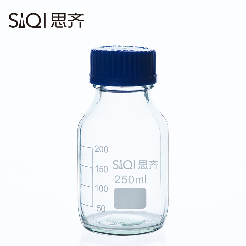 透明丝口瓶密封瓶 玻璃瓶 250ml 蓝盖试剂瓶 螺纹口带刻度