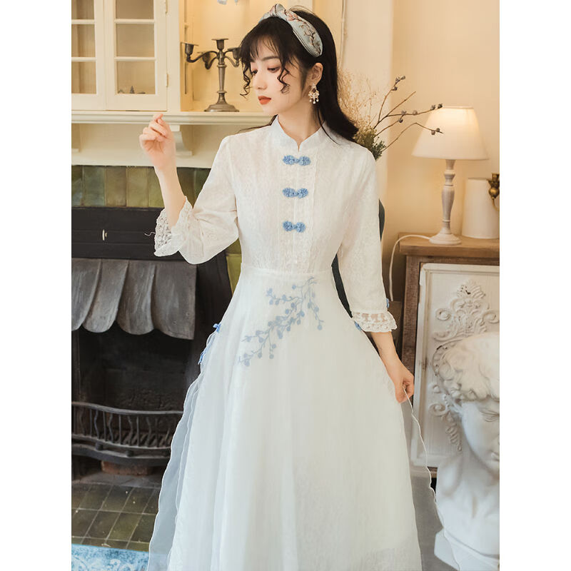 中国风旗袍改良版年轻款少女日常可穿复古仙女气质连衣裙新款 白色 L