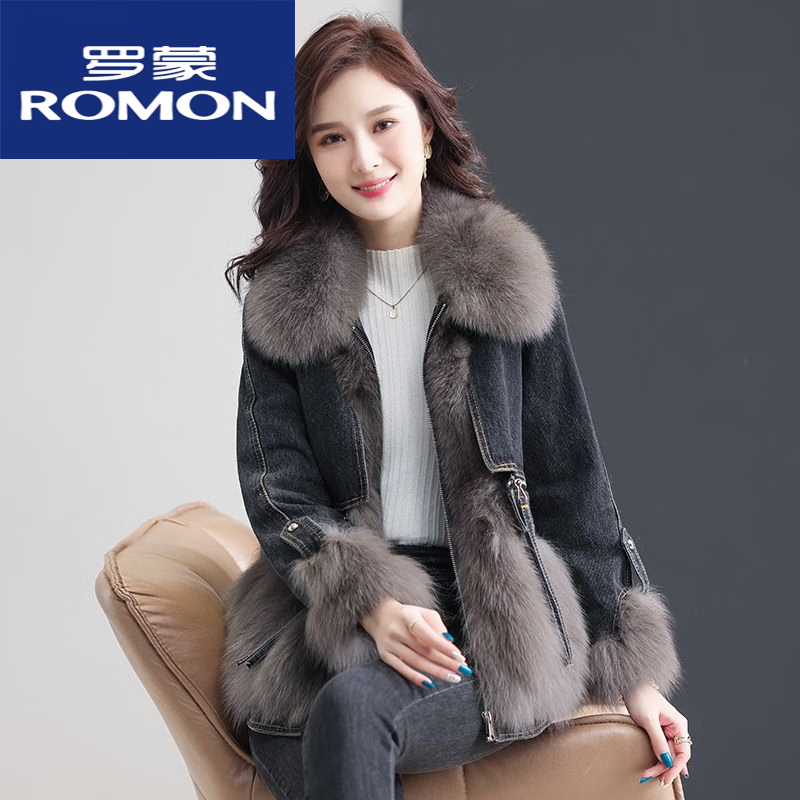 罗蒙（ROMON）辛集2023冬季新款狐狸毛拼接牛仔加厚派克服显瘦复古皮草外套女 海宁貂皮大衣-黑色 皮毛一体-S 90-110怎么看?