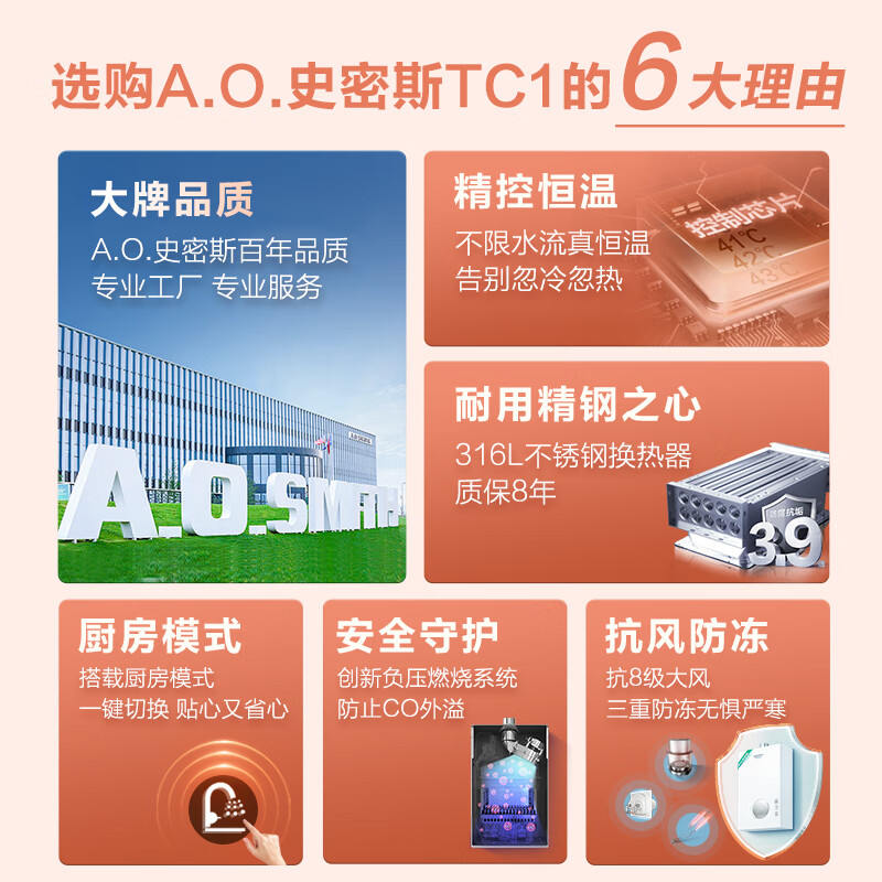 史密斯（A.O.SMITH）佳尼特16升燃气热水器 不锈钢换热器包8年  恒温大水量  抗风防冻 JSQ31-TC1