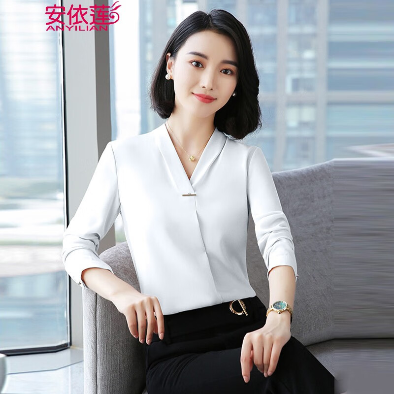 安依莲雪纺衬衫女春秋新款职业装女装时尚韩版气质职业装衬衣 白色