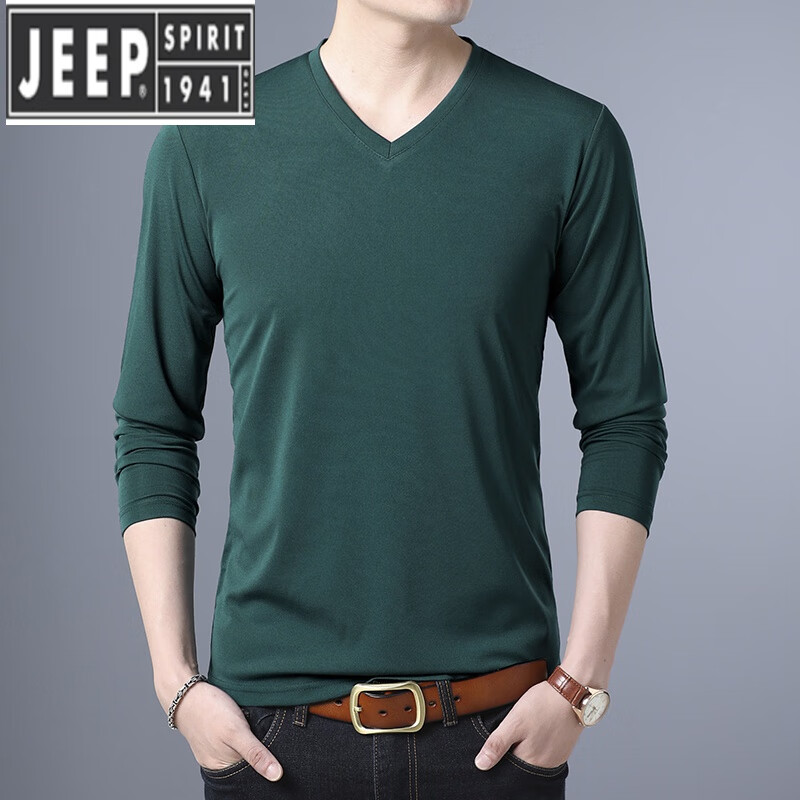 jeep/吉普品牌男装长袖t恤男士纯色冰丝汗衫鸡心v领上衣百搭打底衫可