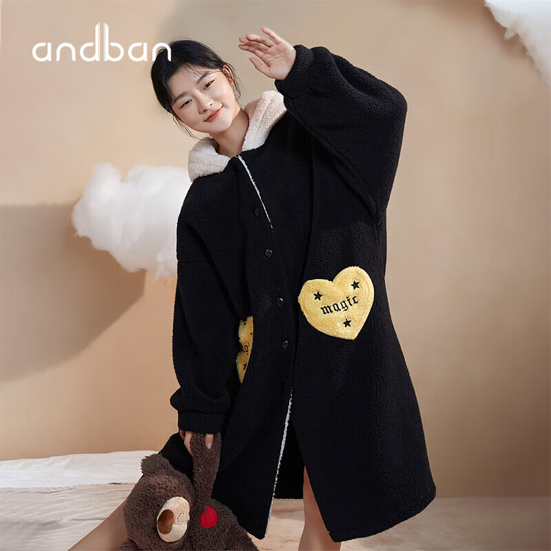 安之伴 珊瑚绒睡衣女秋冬季长袖睡袍加长款女浴袍可外穿家居服套装 黑色 M 