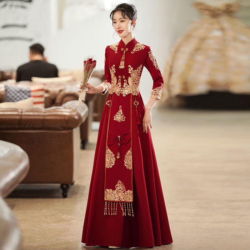 禾秀服敬酒服新娘中式2022年春季结婚秀禾服红色礼服女秋季薄款遮手臂