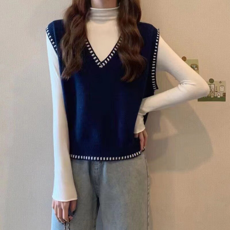 翊尚美针织马甲女春秋可外穿短款V领背心上衣新款宽松内搭坎肩 杏色 均码 【推荐80-140斤】