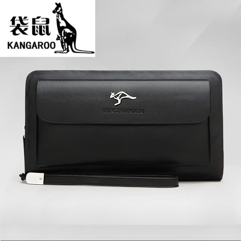 袋鼠男士包盖式商务手拿包休闲双拉链大容量钱包个性 黑色