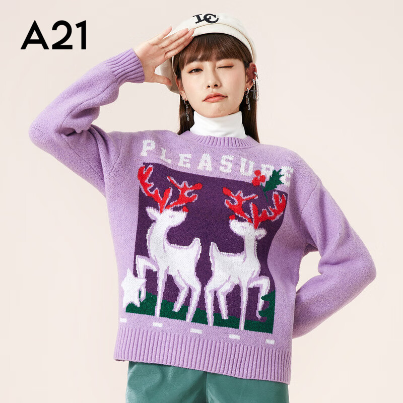 a21秋冬女宽松落肩小鹿图案元气减龄毛衣圆领长袖百搭风毛衣衫 紫红 m