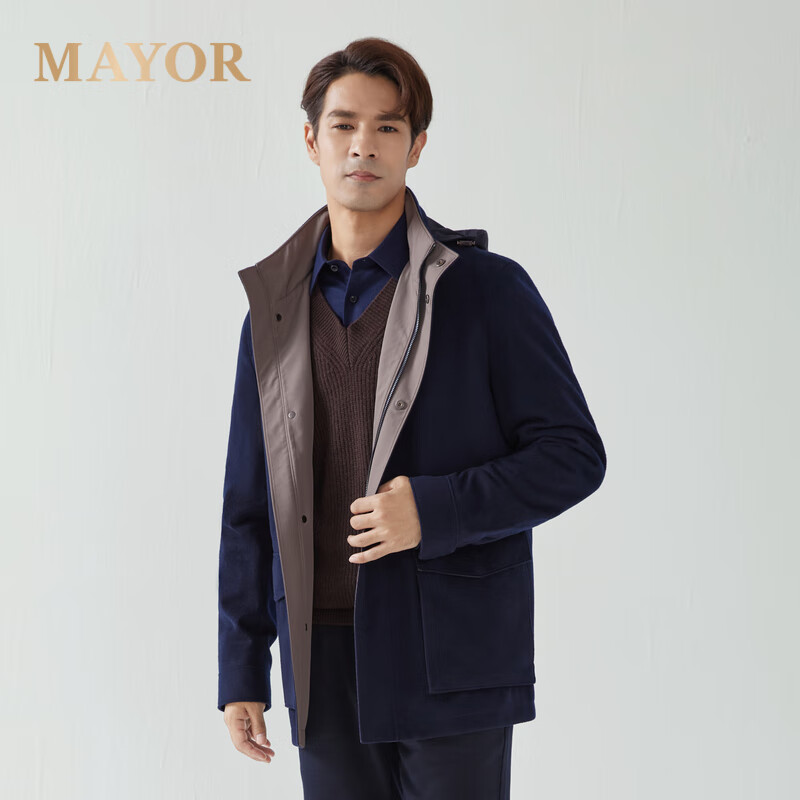 MAYOR男装藏青100%绵羊毛连帽单茄克MJJK47702F6A 藏青 M （170/92A）