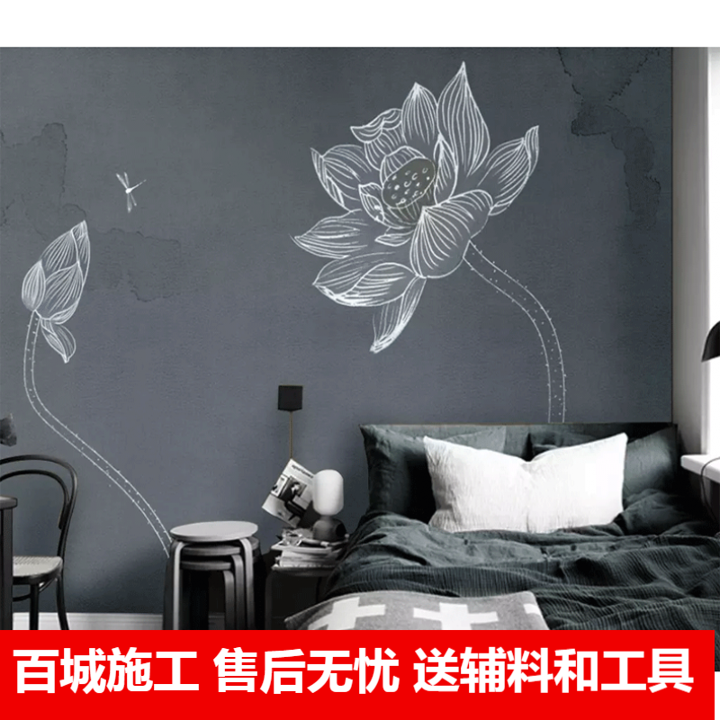 手绘荷花墙纸客厅电视背景壁纸古典黑底荷花背景墙 定制无缝壁画(联系